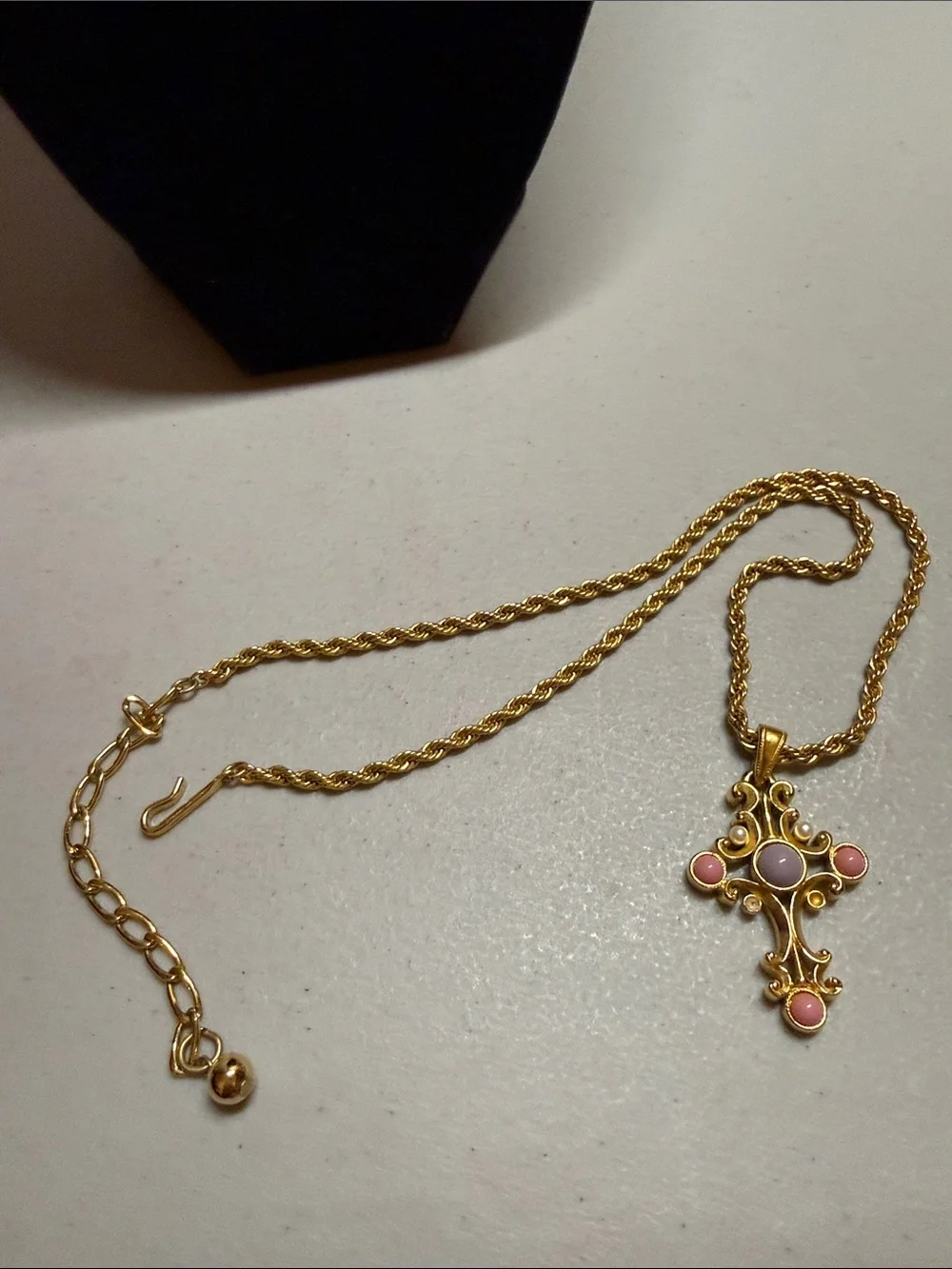 Elegant Goldtone Cross Pendant Necklace with Pink and Lavender Cabochons